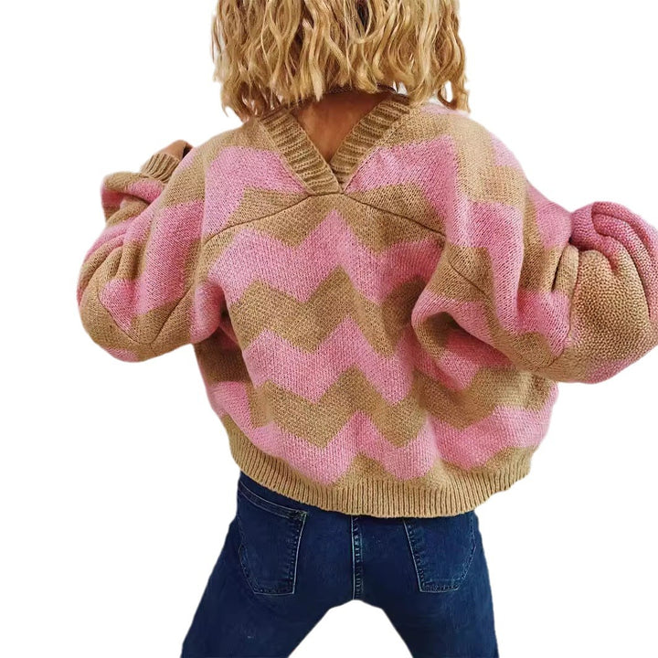 Damen modische Strickjacke mit Chevron-Muster und breiten Ärmeln Drune