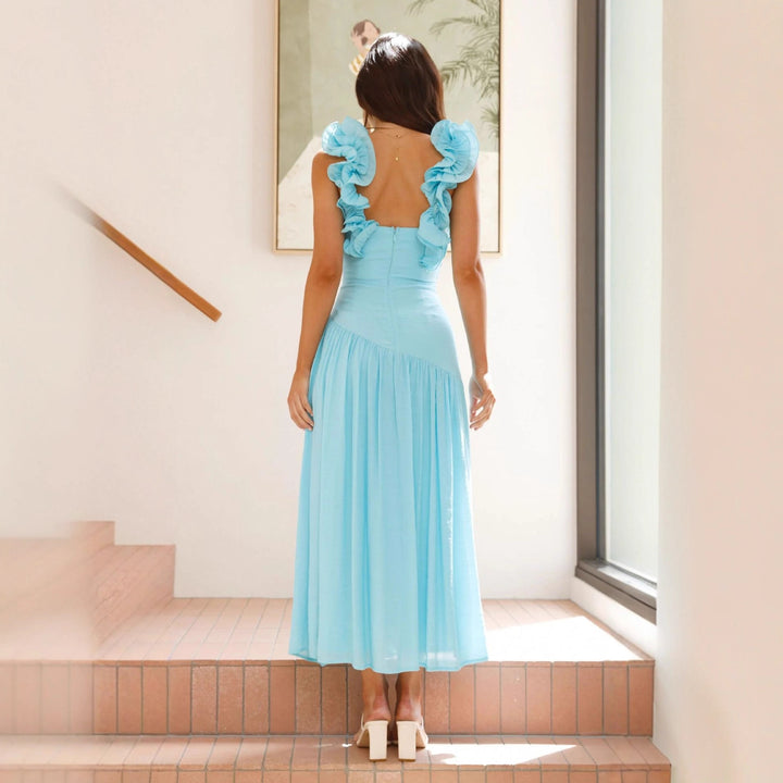 Damen Maxikleid mit eleganten Rüschen und figurbetontem Schnitt Drune