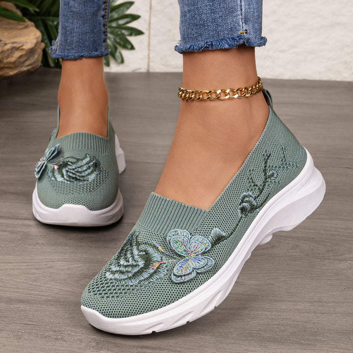 Damen nan gestrickte Slip-On Slipper mit Schmetterlings-Stickapplikation und dämpfender EVA-Plateausohle Drune