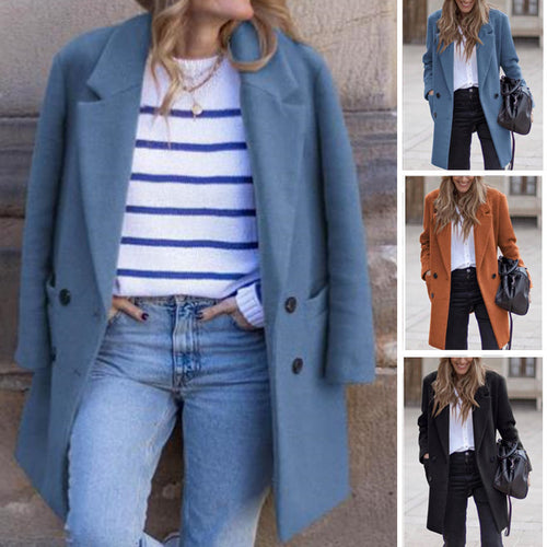 Damen eleganter und warmer Wollmantel mit doppelter Knopfleiste Drune