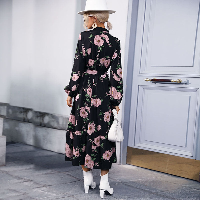 Damen Maxikleid mit floralen Rüschendetails und elegantem Bund Drune