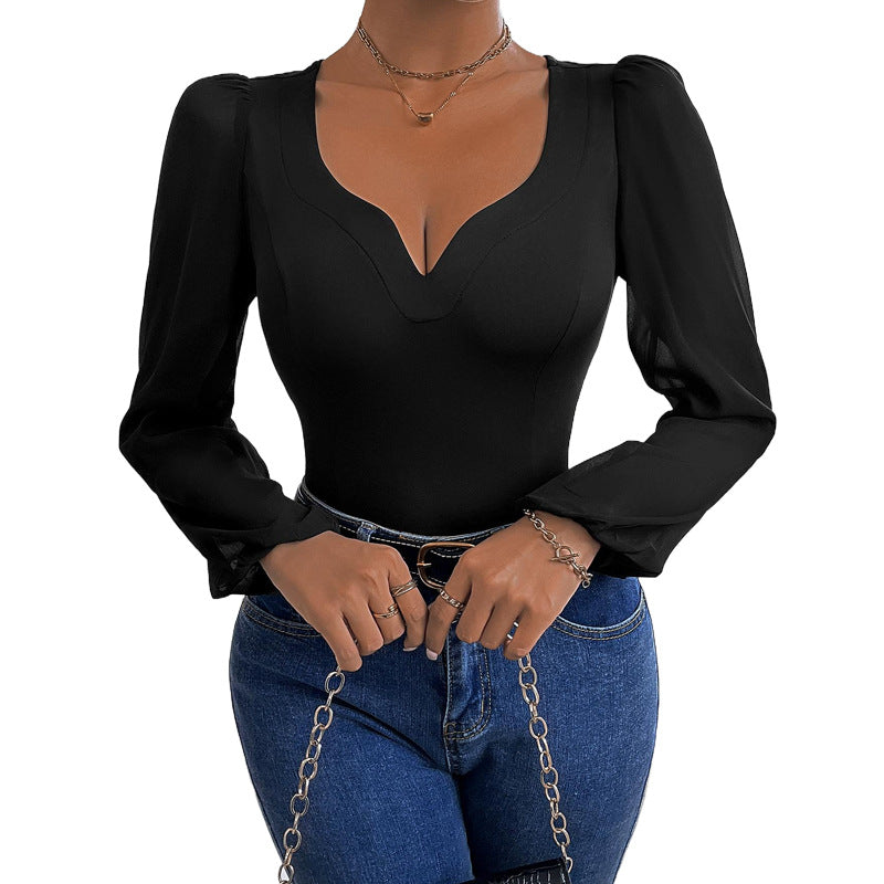 Damen Body mit eleganten Puffärmeln und tiefem V-Ausschnitt Drune