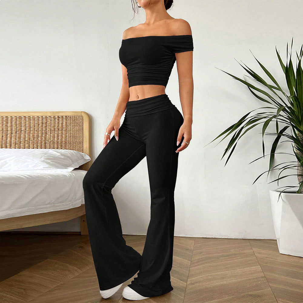 Damen lässiges Crop-Top und High-Waist-Hosen Set Drune