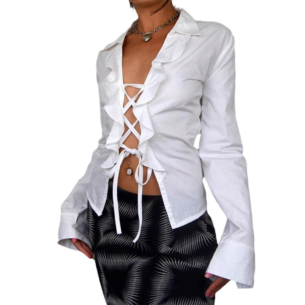 Damen Bluse mit voluminösem Rüschendesign und taillierbarem Schnitt Drune