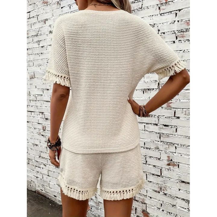 Damen Strickshorts und Oberteil Set mit Fransen Drune