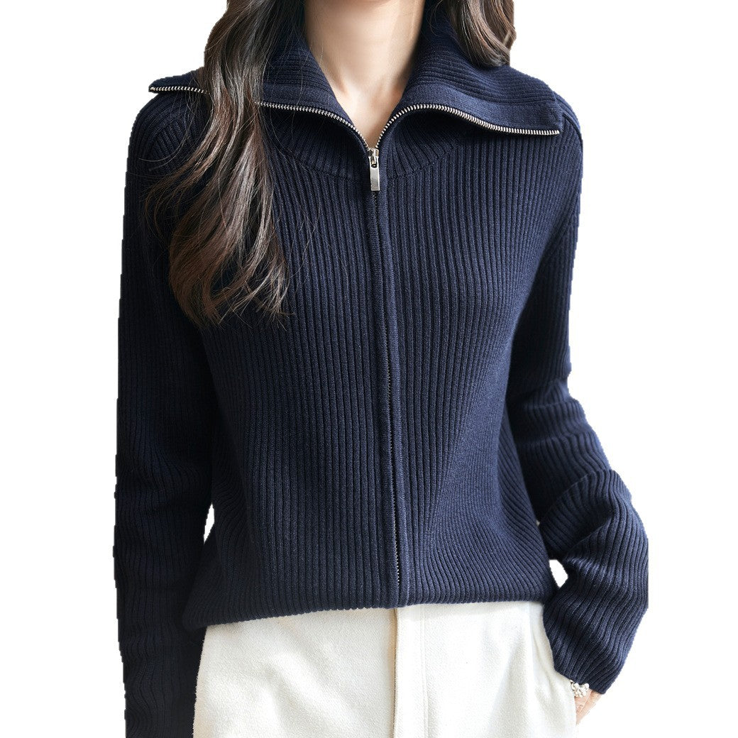 Damen modischer Strickpullover mit hochschließendem Reißverschluss und Rippenstruktur Drune