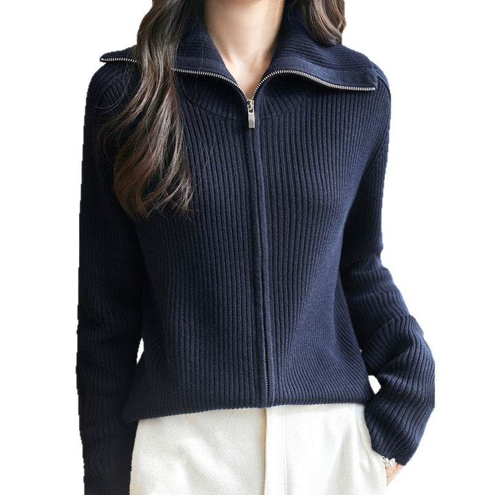 Damen modischer Strickpullover mit hochschließendem Reißverschluss und Rippenstruktur Drune