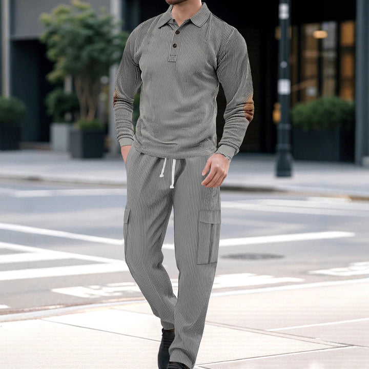 Herren nan geripptes Lounge-Set mit Polokragen Ellenbogenpatches und Cargohose Drune