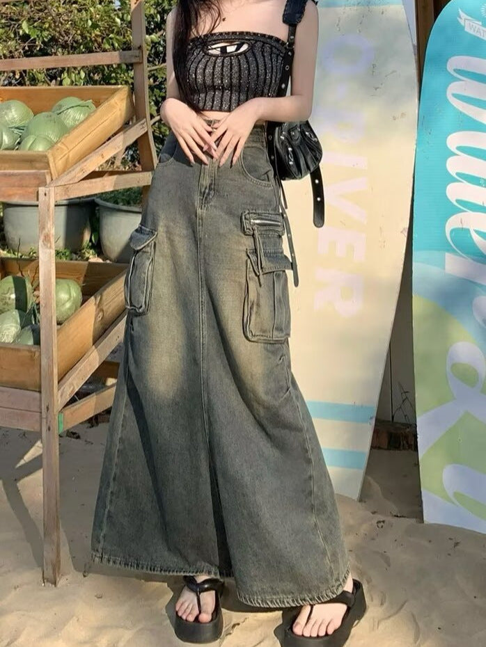 Damen Langer Denim-Rock mit hochgezoggtem Bund und praktischen Taschen Drune