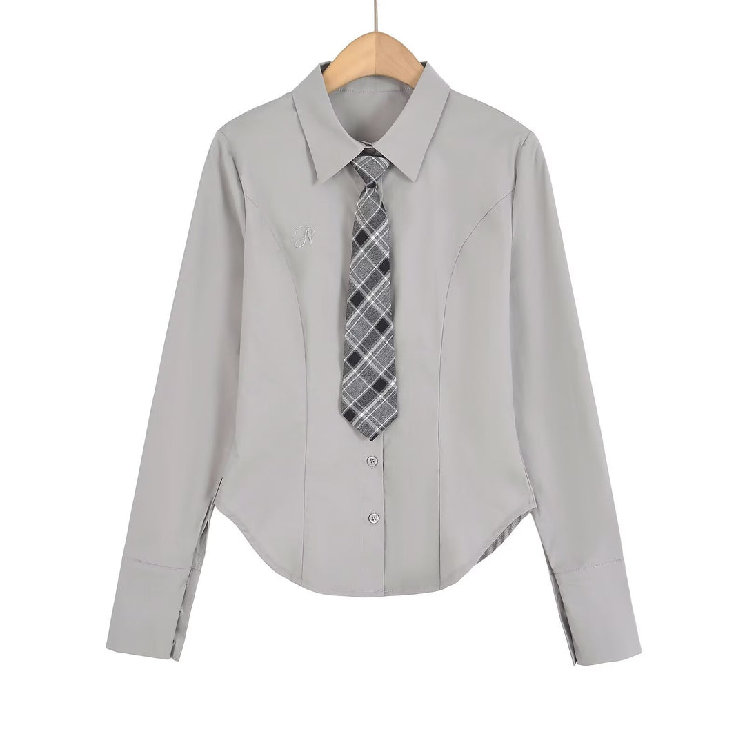 Damen klassische Bluse mit eleganter Krawatte Drune