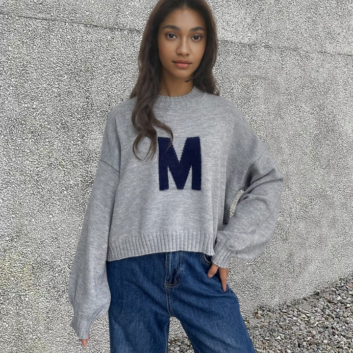 Damen Oversized Strickpullover mit einzigartigem Frontmotiv Drune