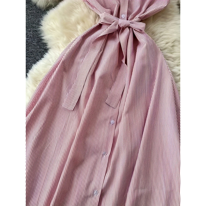 Damen Langarm Hemdblusenkleid mit Gürtel und gestreiftem Design Drune