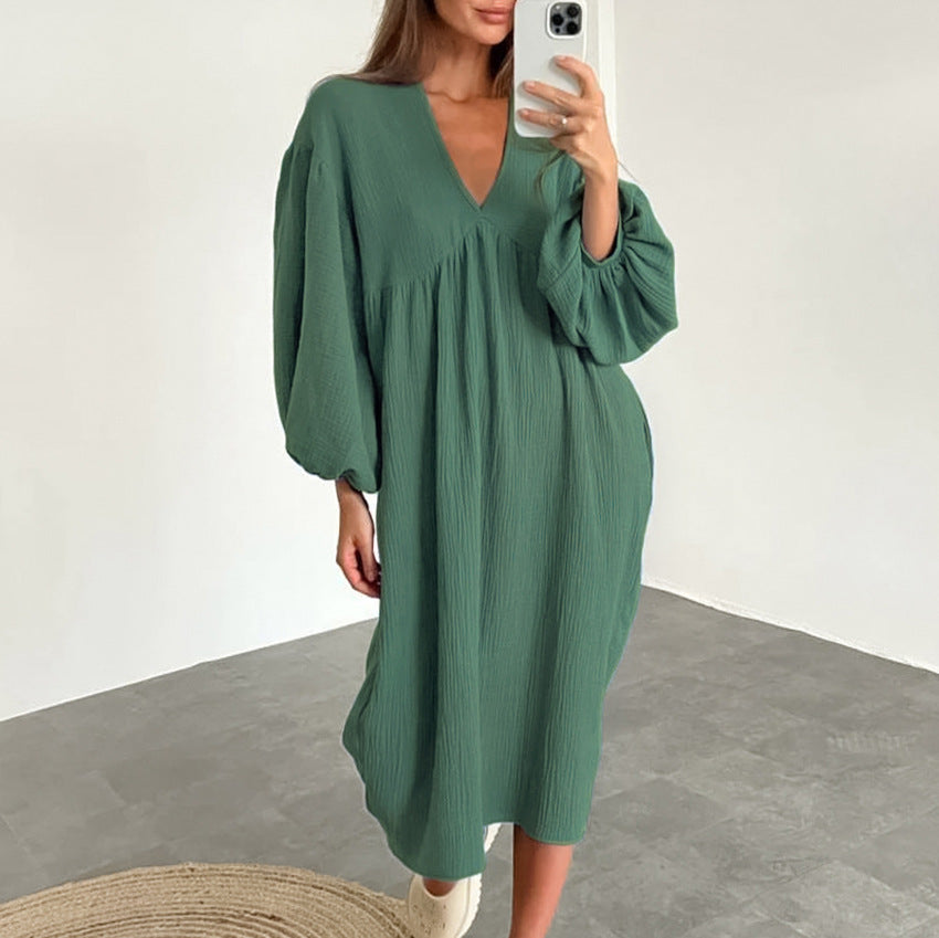 Damen lässiges Oversized-Kleid mit voluminösen Ärmeln und V-Ausschnitt Drune
