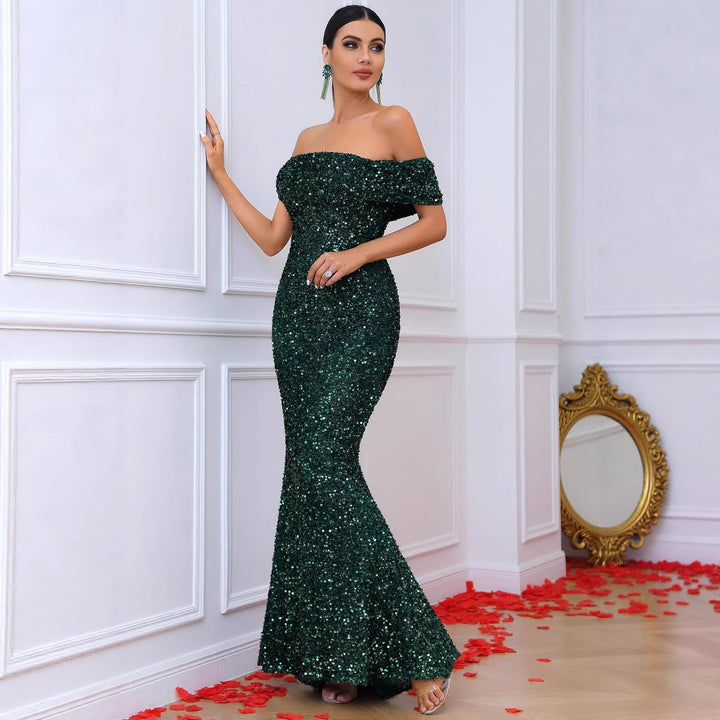 Damen Glamouröses Abendkleid mit schulterfreiem Design und funkelnden Pailletten Drune