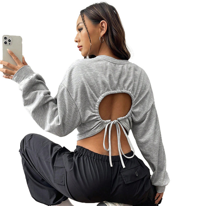 Damen lässiges Crop-Sweatshirt mit weiten Ärmeln und Rundhalsausschnitt Drune