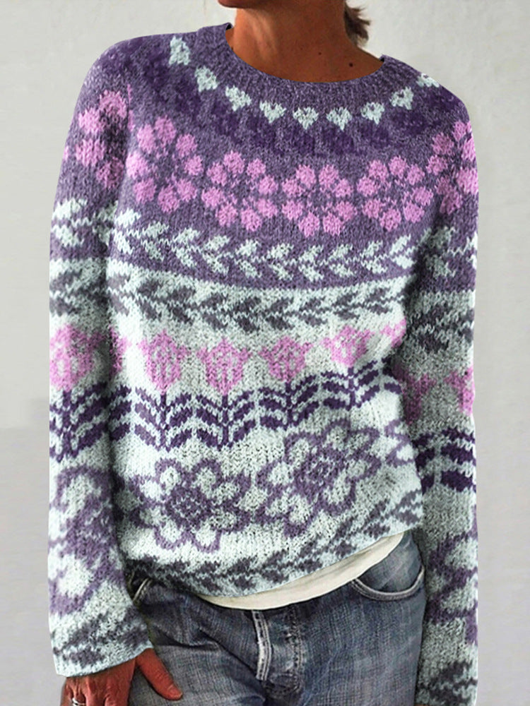 Damen nan melierter Rundhalsausschnittpullover mit kreisförmigem Jacquard-Yoke und geripptem Saum Drune