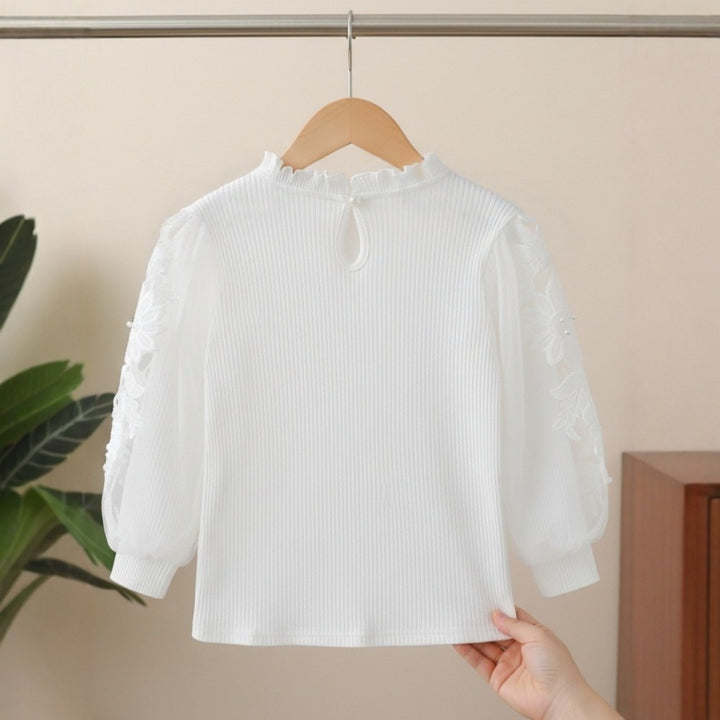 Mädchen Bluse mit Puffärmeln und floralem Spitzenbesatz Drune