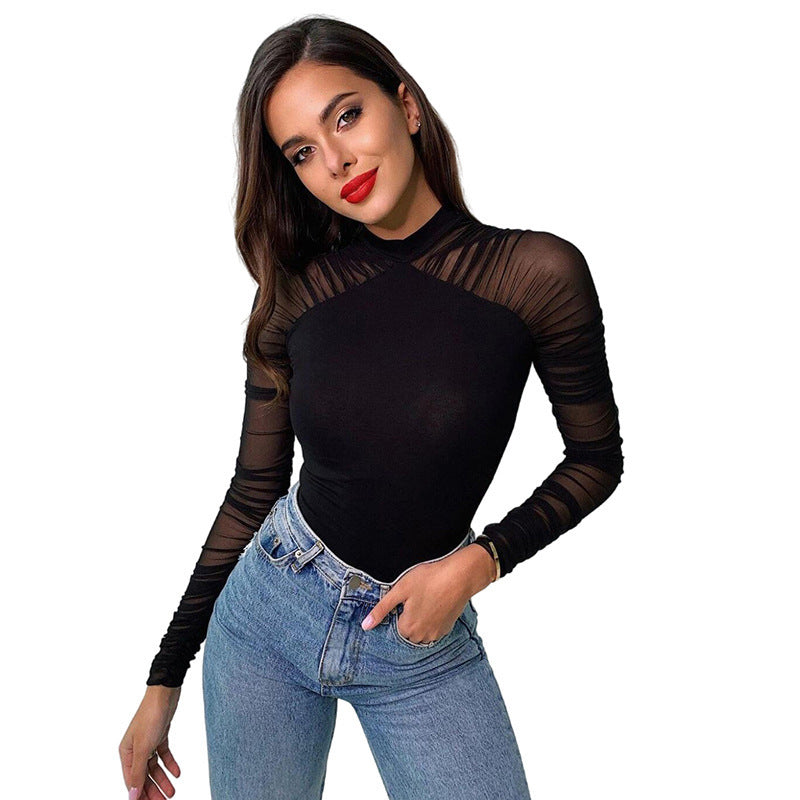 Damen Eleganter Body mit transparenten Ärmeln und speziellen Drapierungen Drune