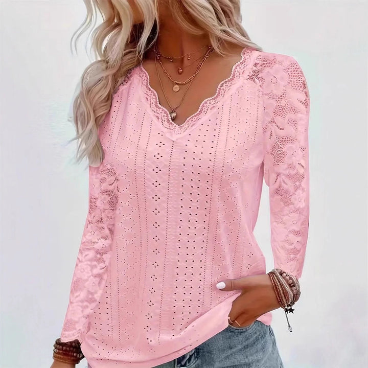 Damen Elegantes Oberteil mit Spitzenbesatz und V-Ausschnitt Drune