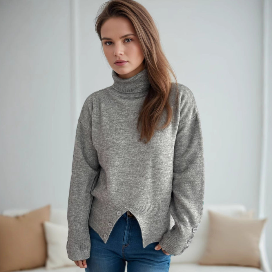 Damen modischer Rollkragenpullover mit Knopfdetails und asymmetrischem Saum Drune