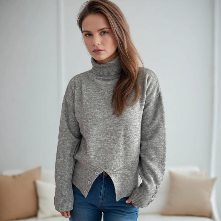 Damen modischer Rollkragenpullover mit Knopfdetails und asymmetrischem Saum Drune