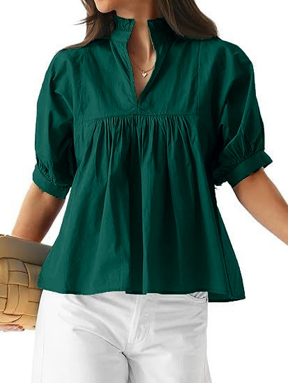 Damen elegante kurzärmlige Bluse mit Rüschendetails und lässigem Schnitt Drune