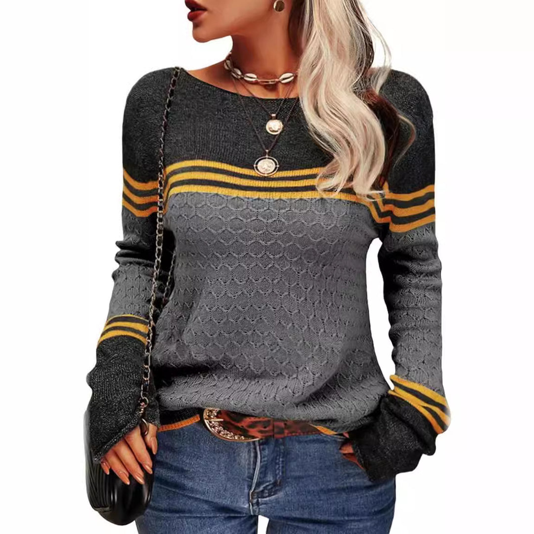Damen lässiger Strickpullover mit kontrastierenden Farbblöcken und einzigartiger Textur Drune