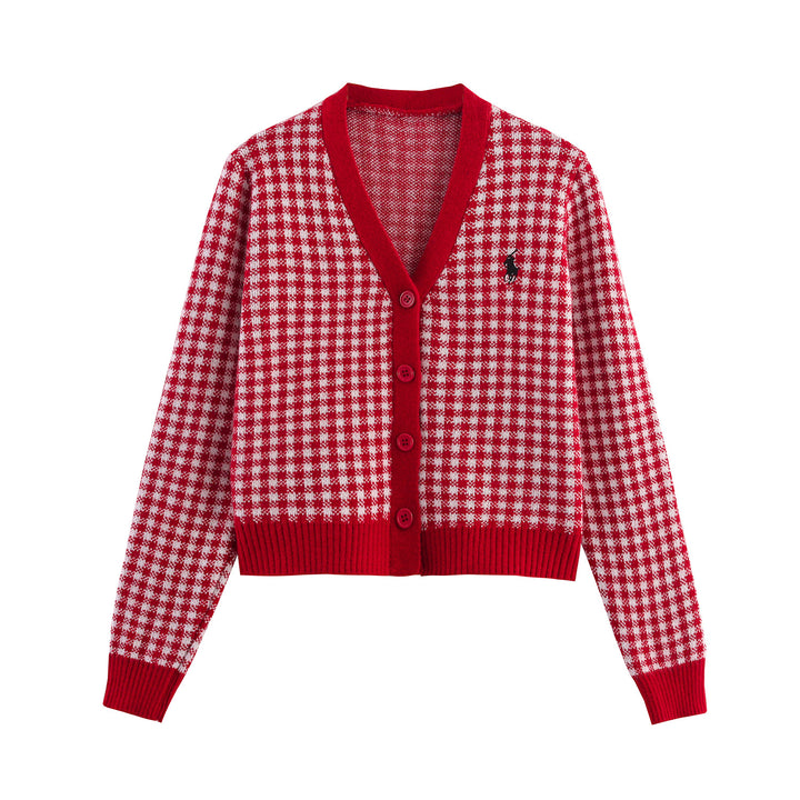 Damen Strickjacke mit Karomuster und Knopfdetails Drune