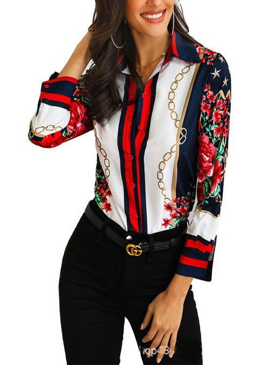 Damen Elegante Bluse mit floralem Design und kontrastierenden Streifen Drune