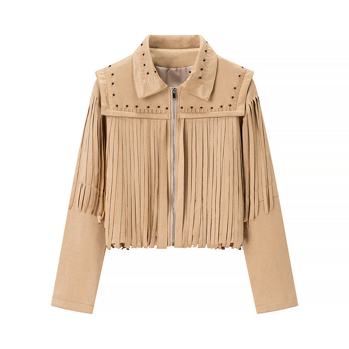 Damen Fransenjacke mit dekorativen Nieten und Reißverschluss Drune