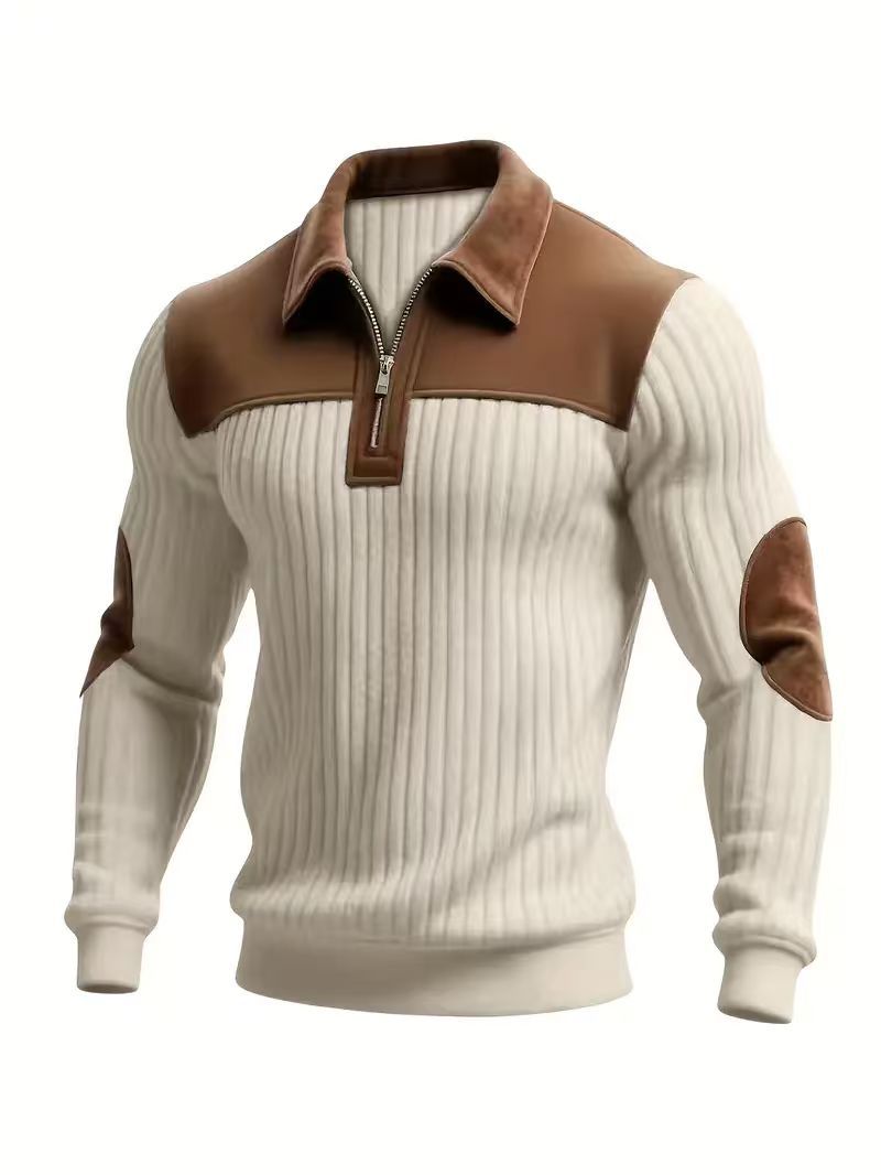 Herren nan gerippter Halbzip-Pullover mit kontrastierenden Lederapplikationen an Schultern und Ellenbogen Drune