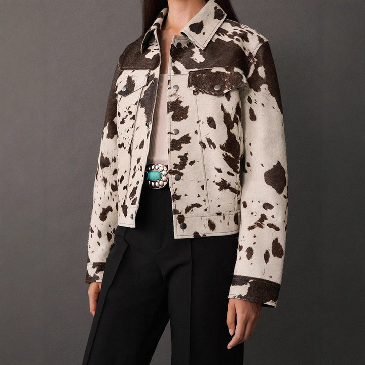 Damen Kurzjacke im modernen Cowhide-Design mit runden Taschen und Druckknöpfen Drune