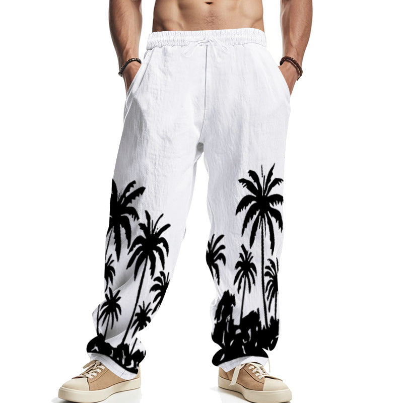 Herren nan weite Freizeit-Hose aus Baumwoll-Leinen-Mix mit Palmenprint, Elastikbund und Kordelzug Drune