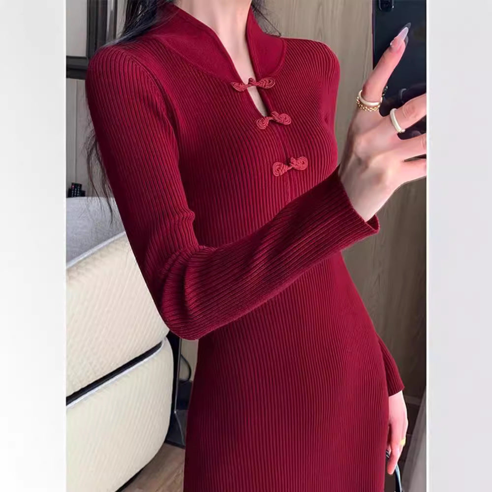 Damen Strickkleid mit eleganter Knopfleiste und langen Ärmeln Drune