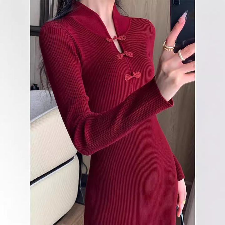 Damen Strickkleid mit eleganter Knopfleiste und langen Ärmeln Drune