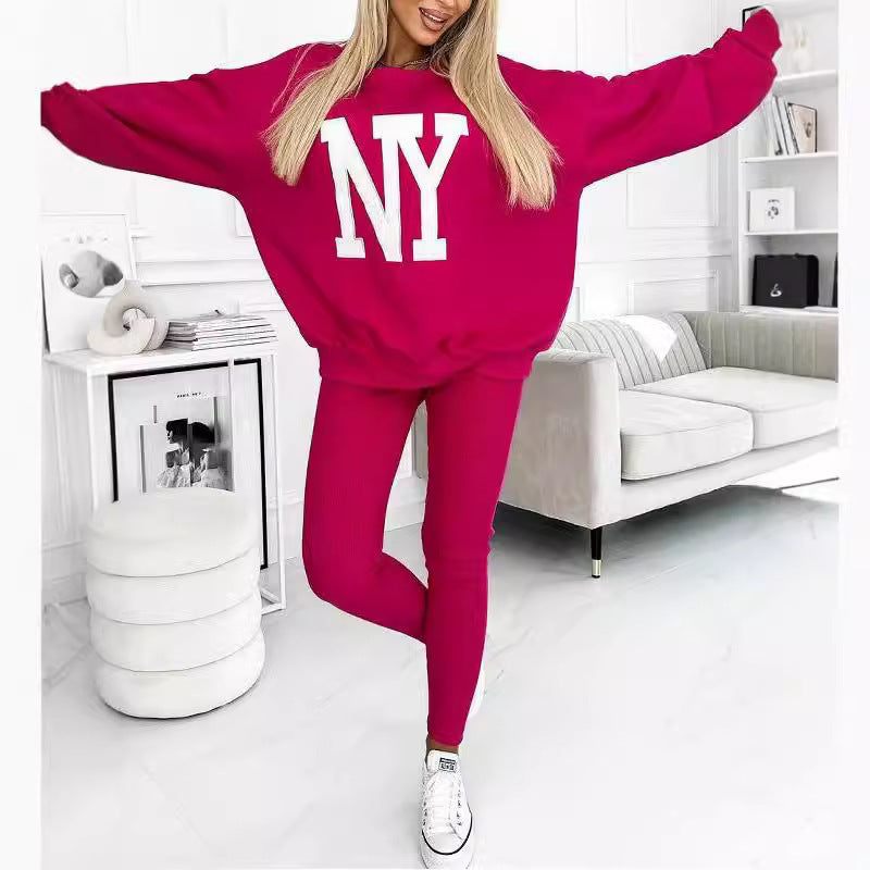 Damen lässiger Oversized-Pullover mit floralem Logo und passender Leggings Drune