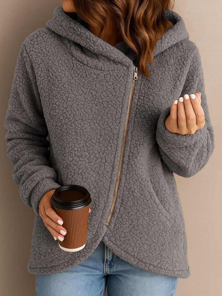 Damen Fleecejacke mit asymmetrischem Reißverschluss und Kapuze Drune