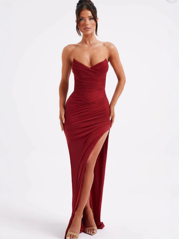 Damen Elegantes Maxikleid mit schmalem Schnitt und sexy Schlitzdesign Drune