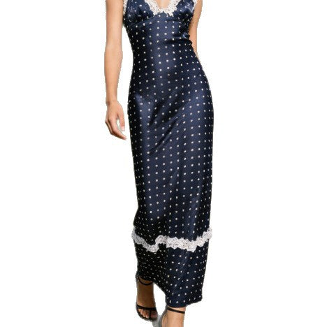 Damen Satin Nachthemd mit Spitzenapplikationen und Polka-Dots Drune