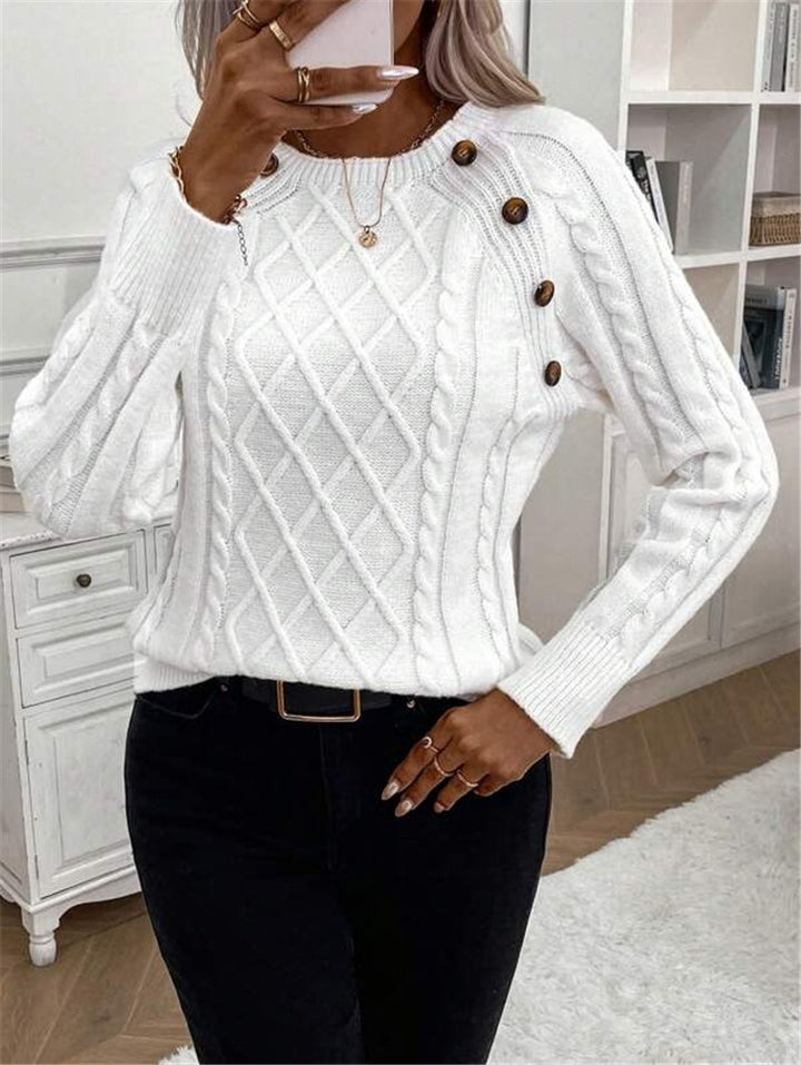 Damen Strickpullover mit strukturiertem Rautenmuster und dekorativen Knöpfen Drune