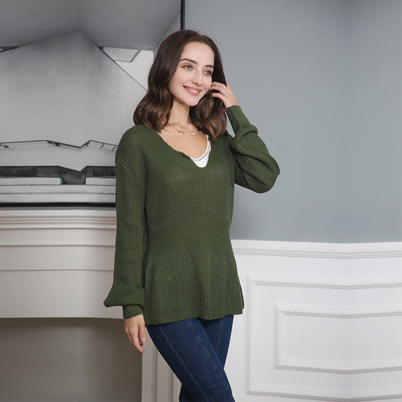 Damen Grobstrickpullover mit tiefem V-Ausschnitt und lässigem Schnitt Drune