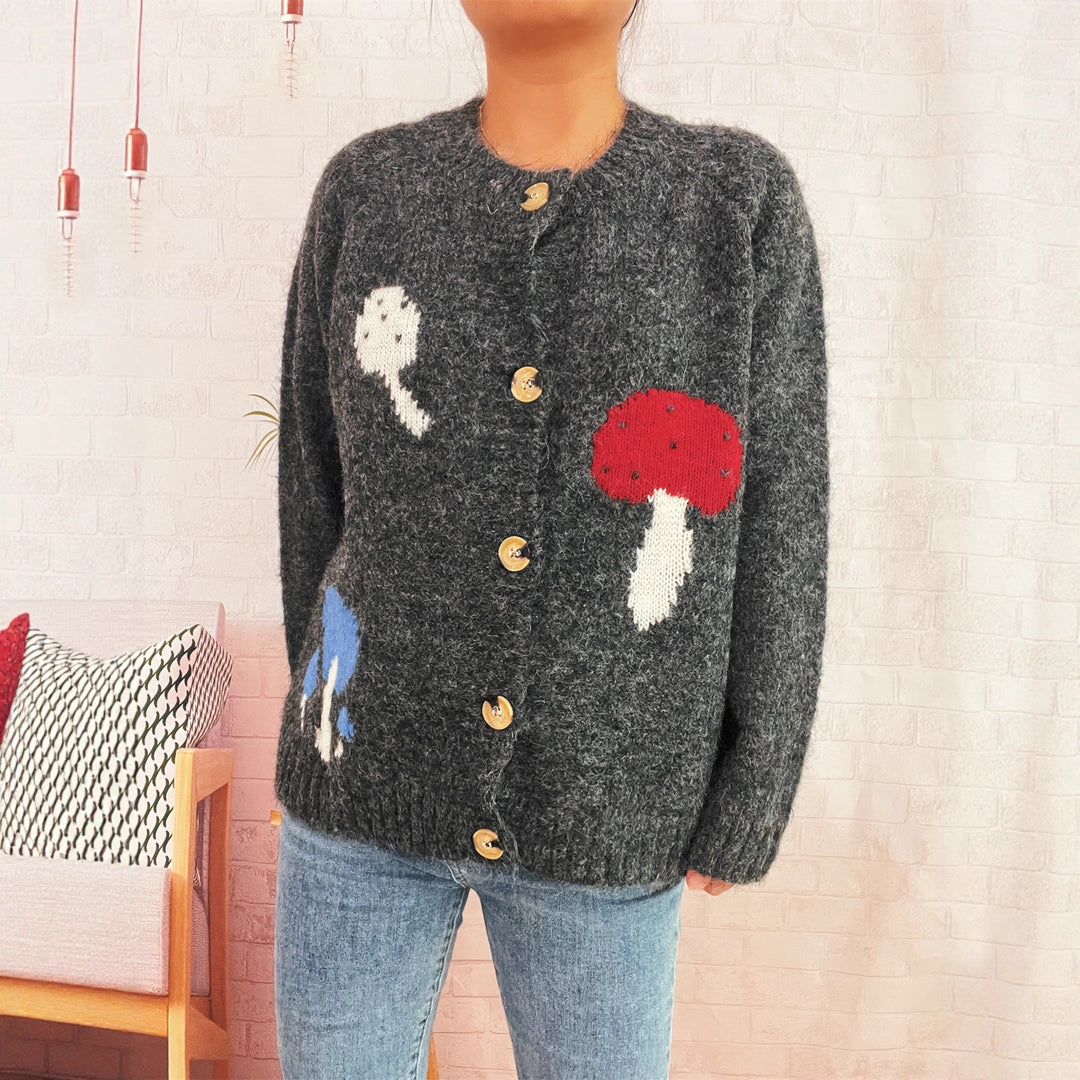 Damen Strickjacke mit kreativem Pilzmuster Drune
