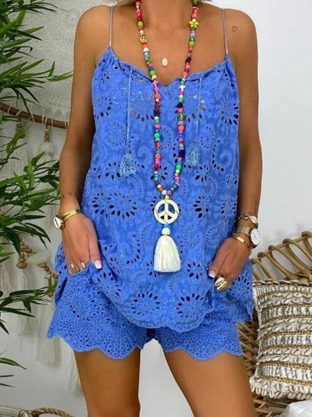 Damen luftiges Sommeroberteil mit Spitze und passenden Shorts Drune