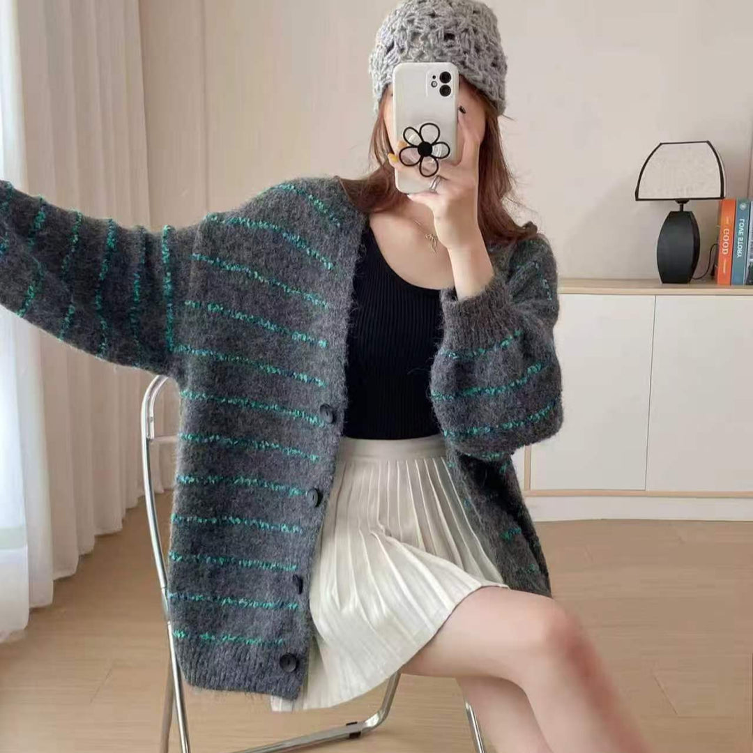 Damen Grobstrickcardigan mit kontrastierenden Streifen und sanften Ärmeln Drune
