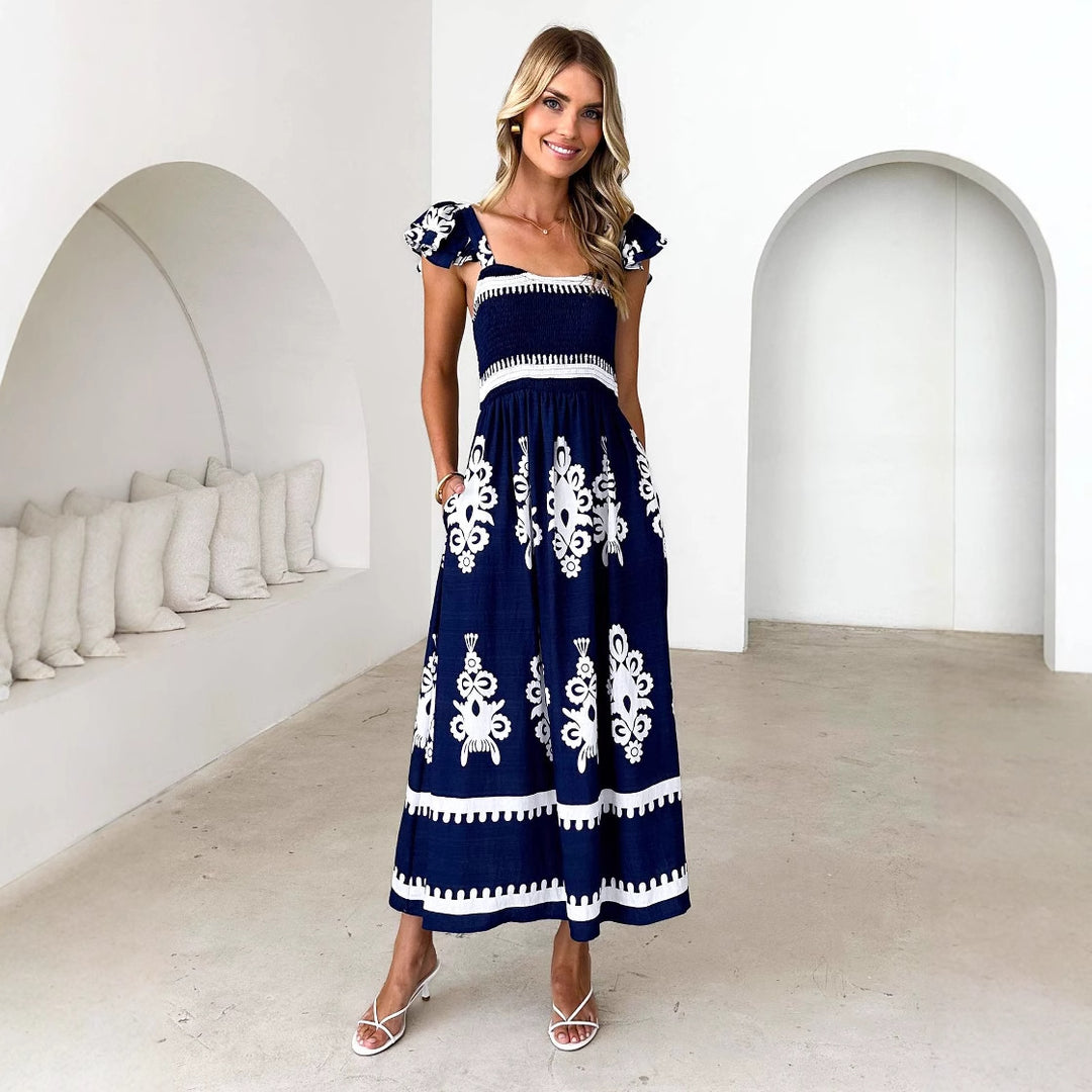 Damen Maxikleid mit floralen Stickereien und Rüschendetails Drune