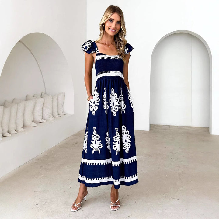 Damen Maxikleid mit floralen Stickereien und Rüschendetails Drune