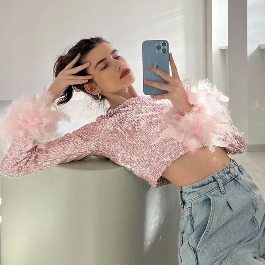 Damen Cropped Oberteil mit funkelndem Paillettenbesatz und fluffigen Ärmelbündchen Drune