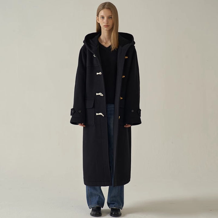 Damen langer Dufflecoat mit Kapuze Drune