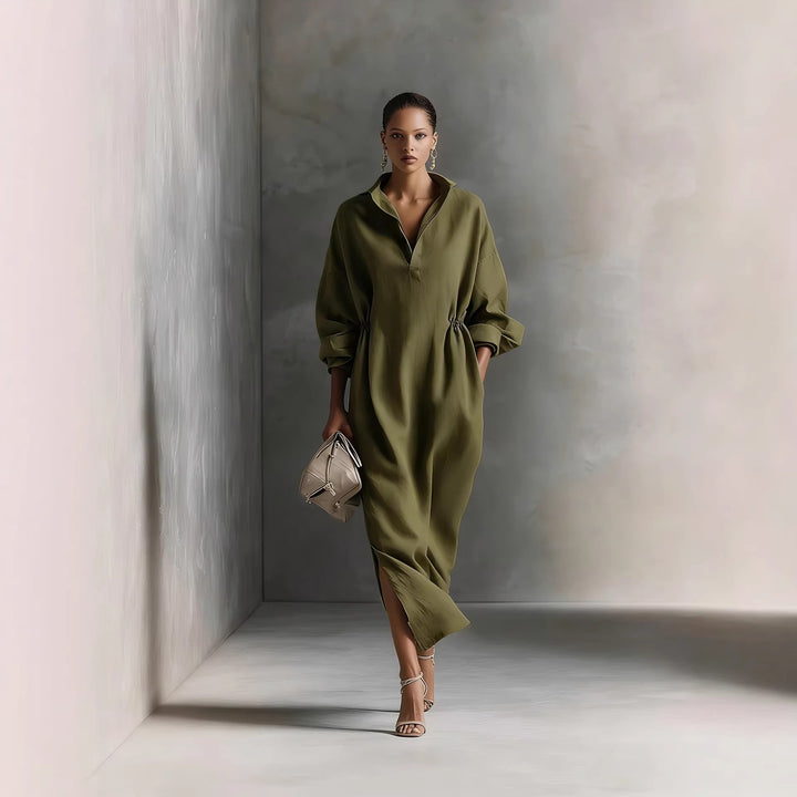 Damen stilvolles Midikleid mit Bindegürtel und klassischem Kragen Drune