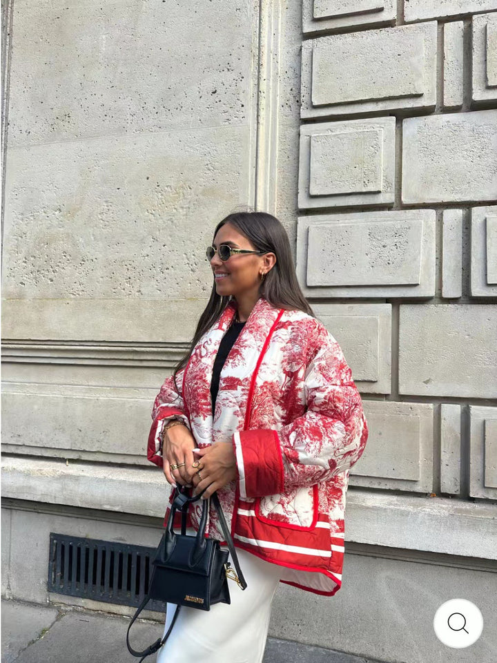 Damen Oversized Steppjacke mit floralem Muster und kontrastierenden Details Drune